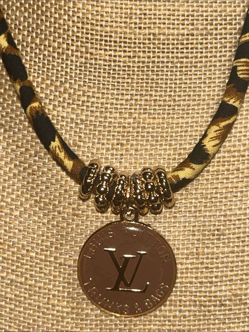 Louis Vuitton Gold Coin Pendant Necklace with Black and Brown Leopard Cord
